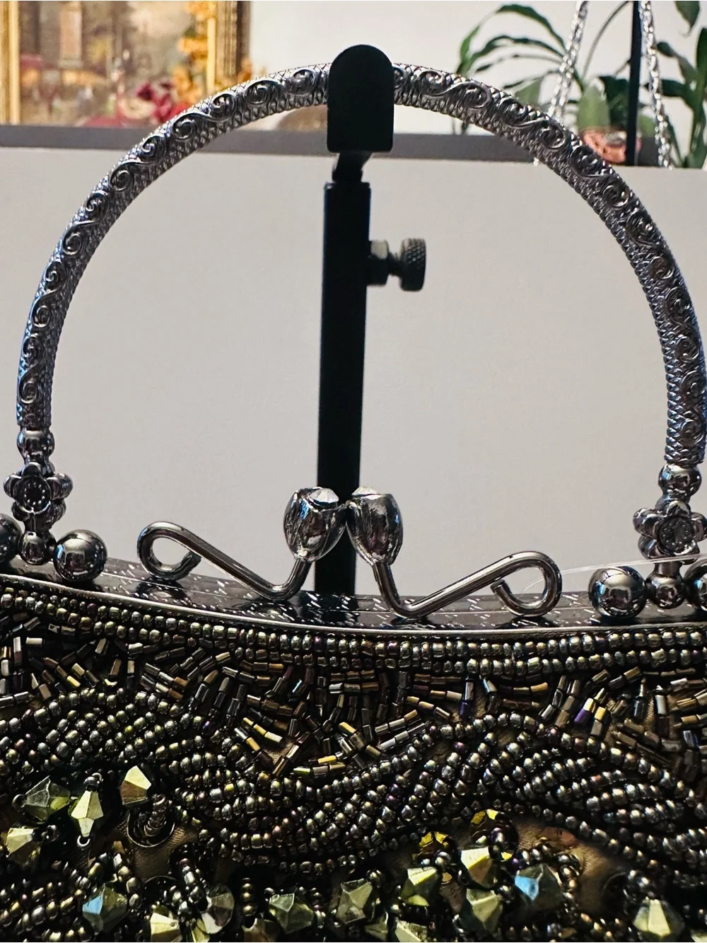 Olive Green Satin Beaded Mary Frances Inspired design Clutch/Purse with chain NW